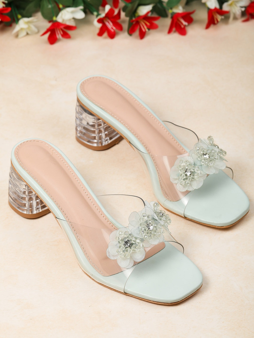

H3F Green Embellished Suede Party Block Pumps