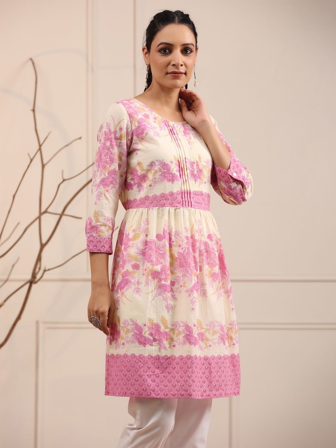 

Rain & Rainbow Cream-Coloured & Pink Printed Pure Cotton Tunic