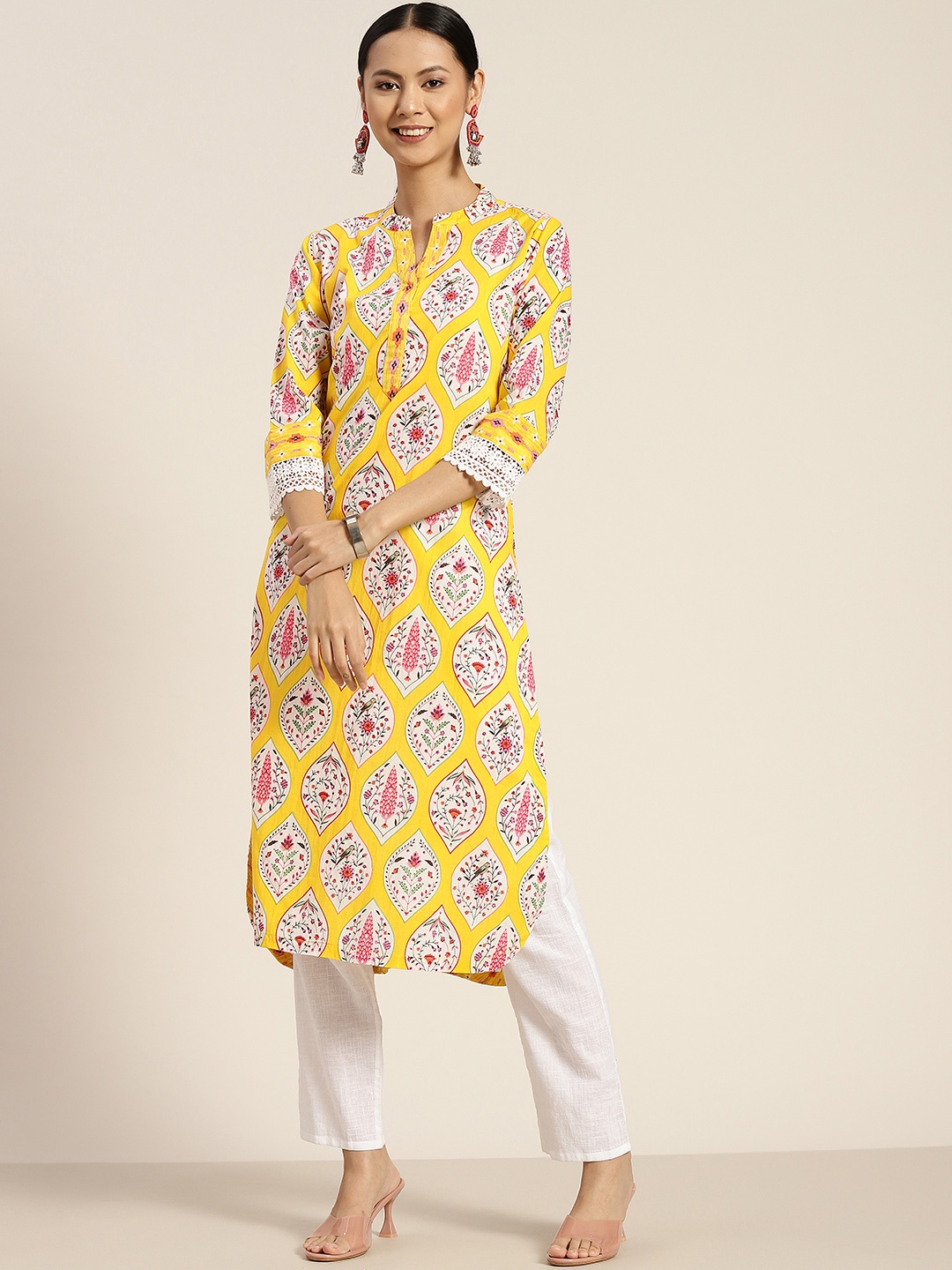 

Rain & Rainbow Women Yellow & White Pure Cotton Ethnic Motifs Printed Kurta