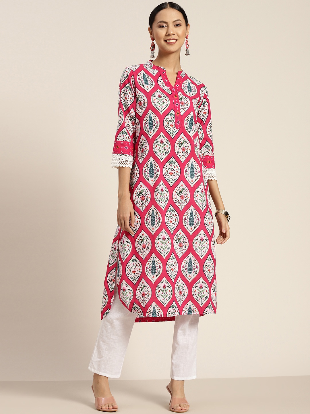 

Rain & Rainbow Women Fuchsia & White Pure Cotton Ethnic Motifs Printed Kurta
