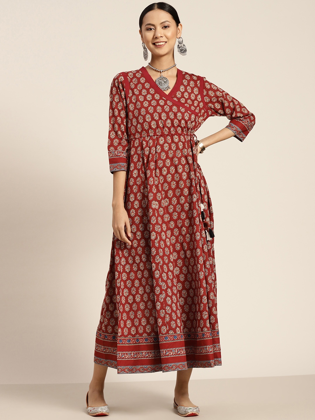 

Rain & Rainbow Maroon & Beige Ethnic Motifs Printed Pure Cotton Maxi Dress