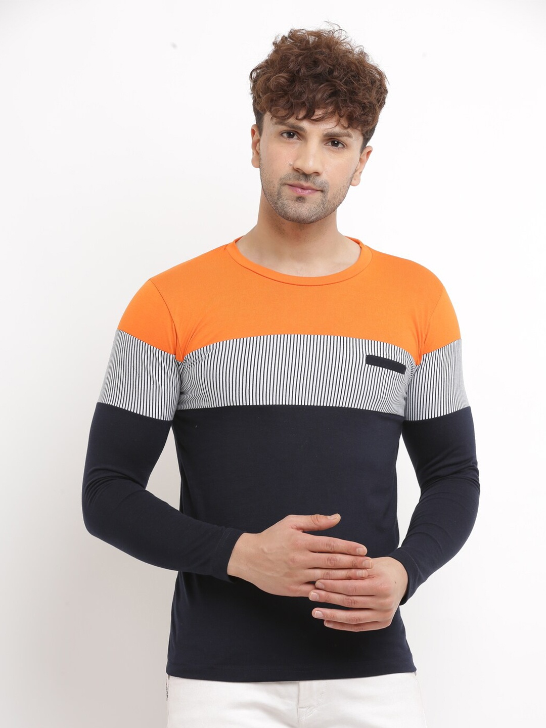 

Try This Men Orange Striped Slim Fit T-shirt