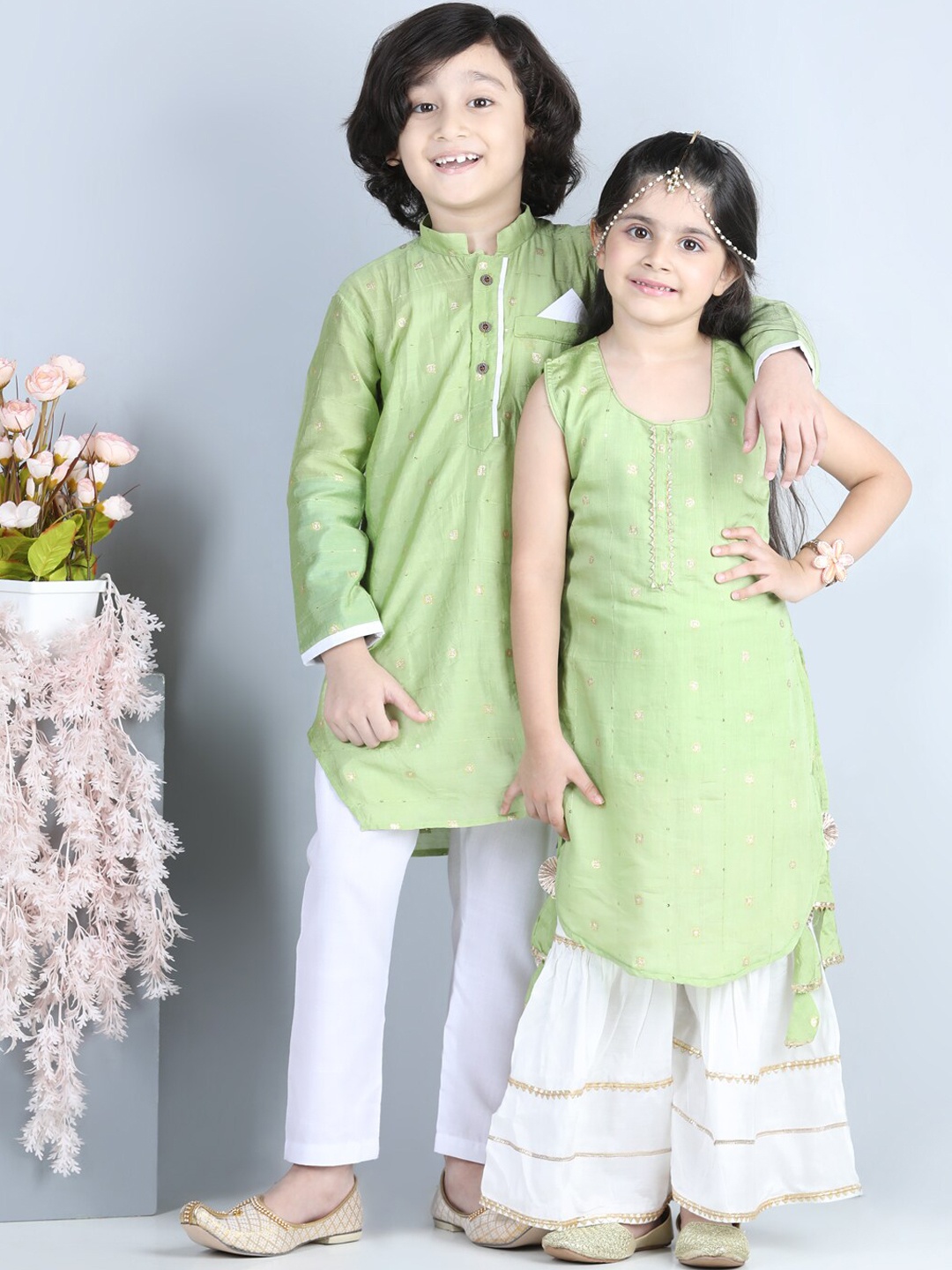 

Here&Now X Kinder Kids Boys Green Kurta with Palazzos