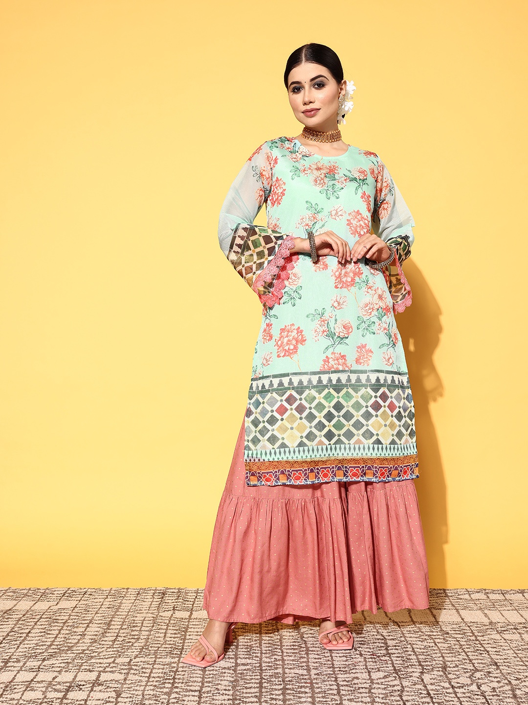 

Tikhi Imli Women Turquoise Blue Organza Print Parade Flared Sleeves Kurta