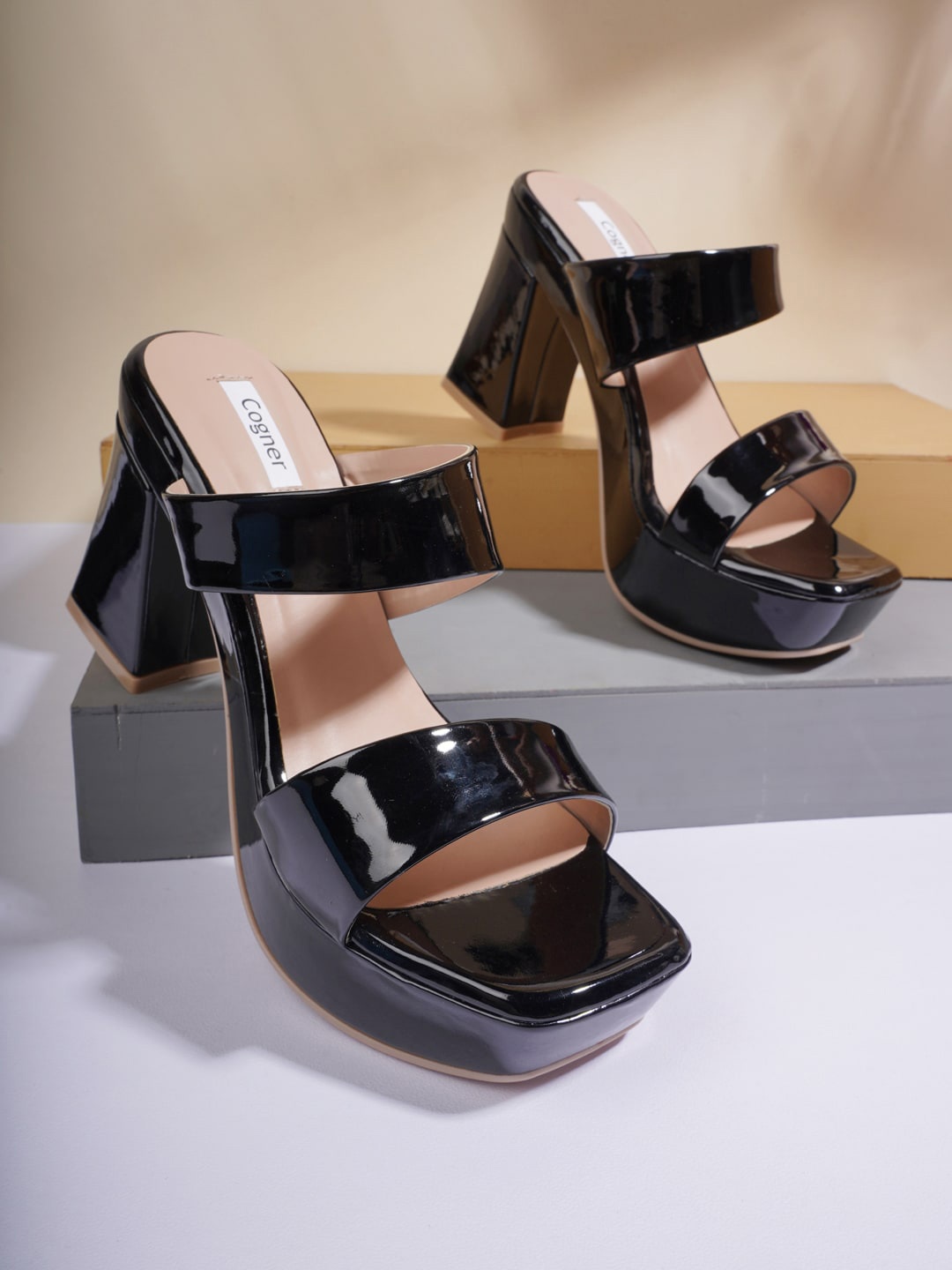 

Cogner Black Colourblocked Party Block Pumps with Buckles