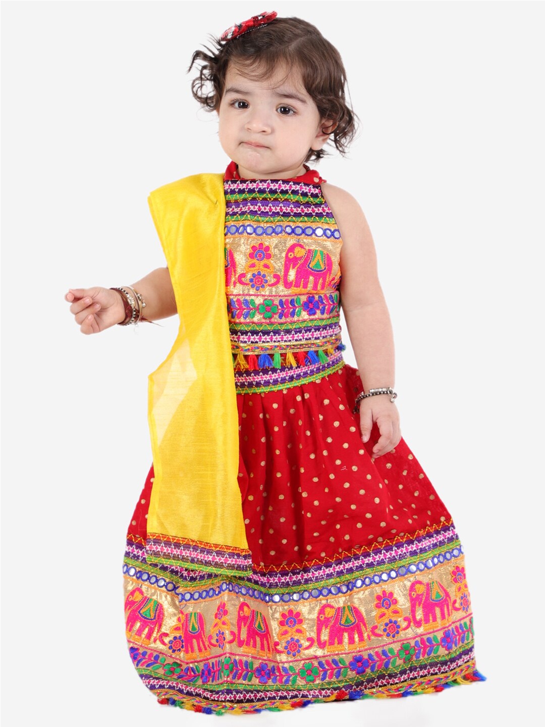 

KID1 Girls Red & Blue Embroidered Ready to Wear Lehenga & Blouse With Dupatta