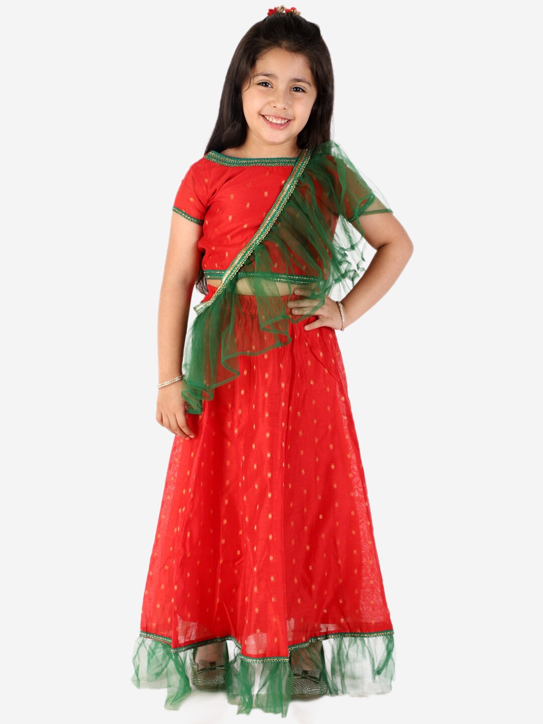 

KID1 Girls Red & Green Embellished Ready to Wear Lehenga & Blouse With Dupatta