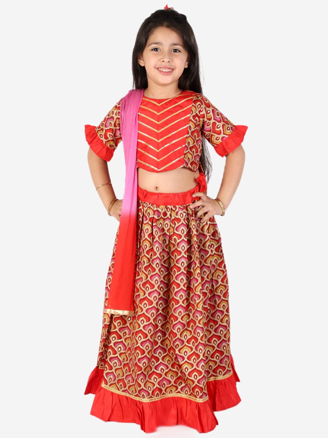 

KID1 Girls Red & Pink Embellished Ready to Wear Lehenga & Blouse With Dupatta