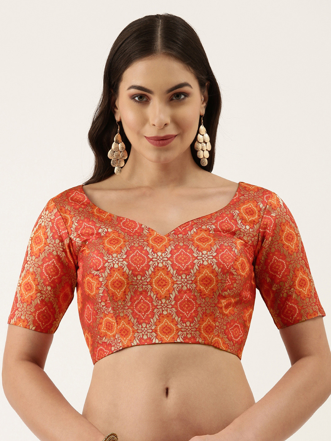 

panchhi Women Red & Orange Ethnic Motif Sweatheart Neck Jacquard Blouse