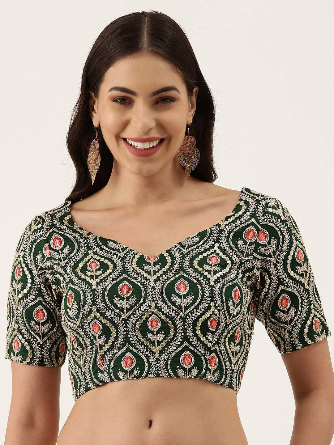 

panchhi Women Green Embroidered Floral Pure Silk Blouse