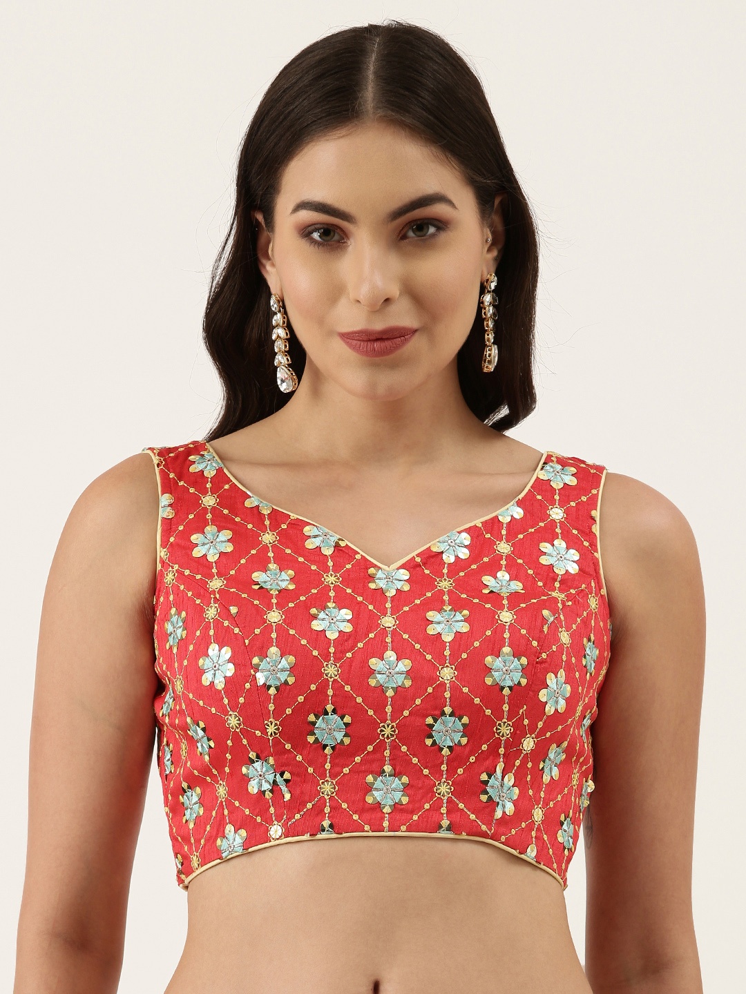

panchhi Red Embroidered Sequin Padded and Back Opening Blouse Silk Blouse