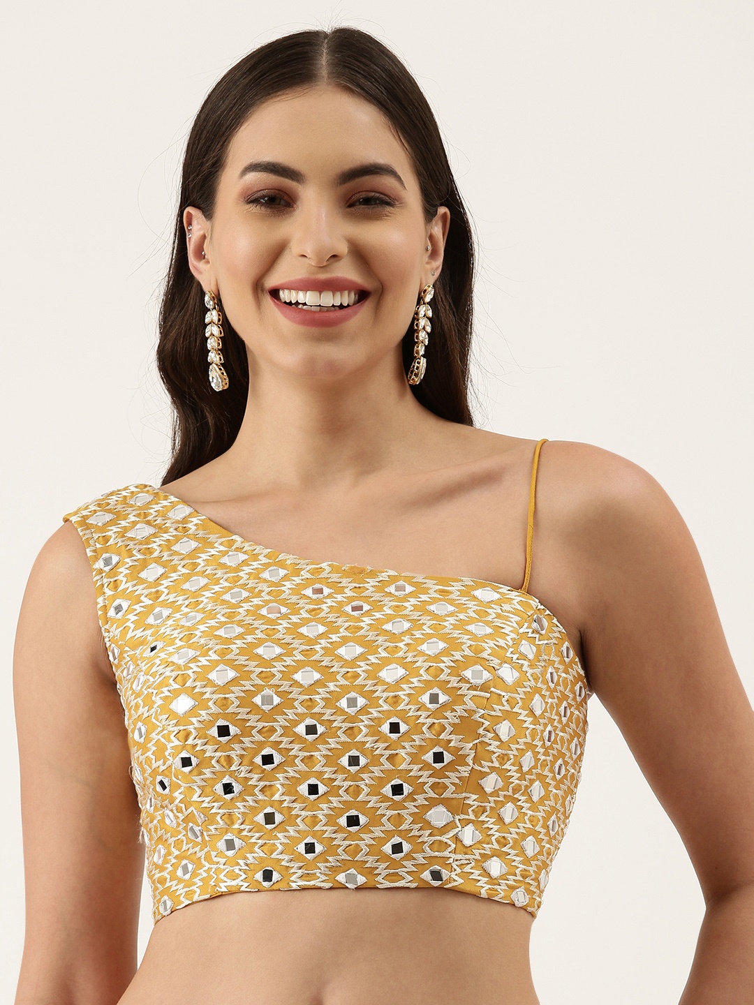

panchhi Mustard Yellow & White Embroidered Mirror Work One Shoulder Blouse