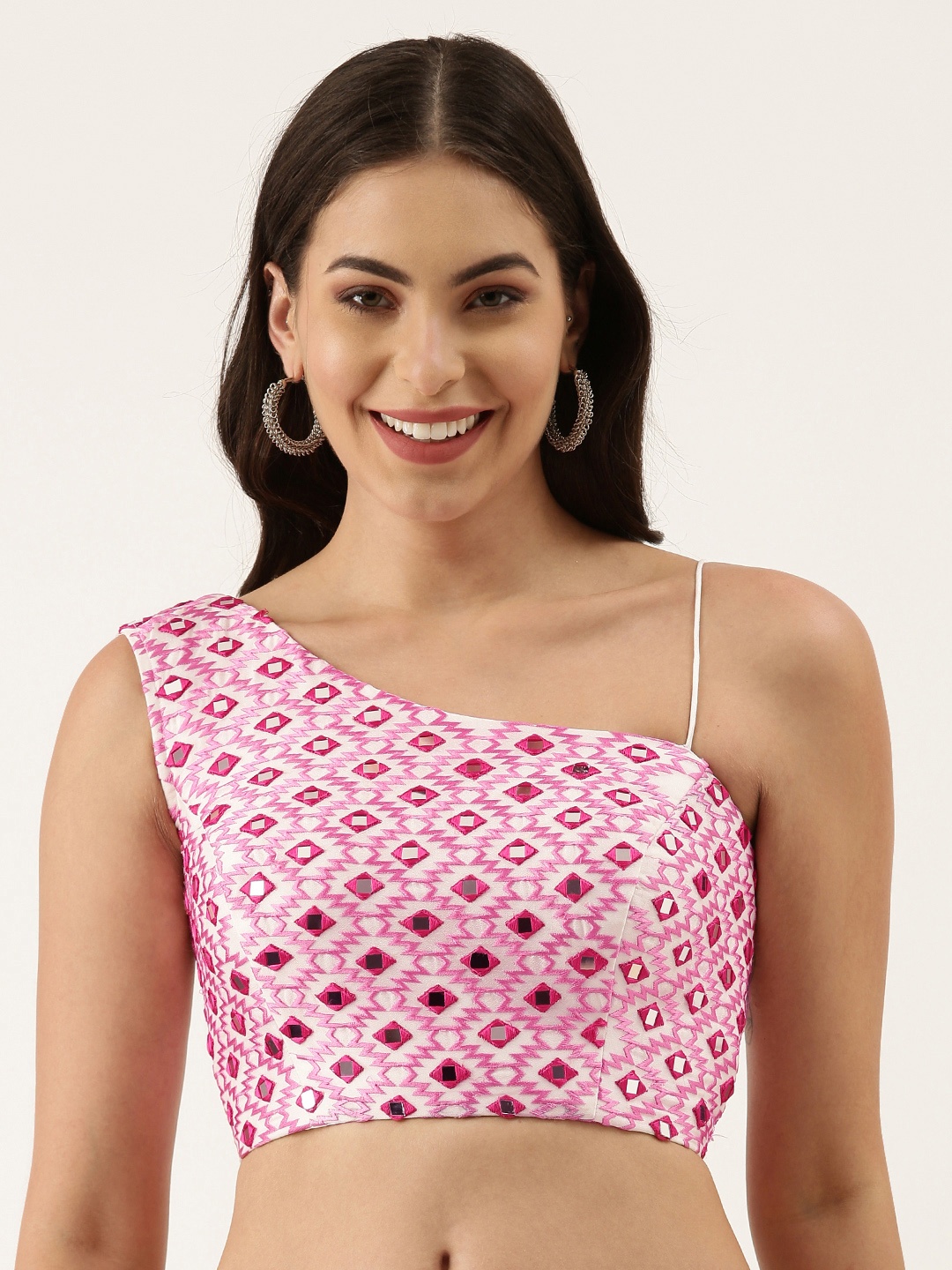 panchhi Pink & White Embroidered Mirror Work One Shoulder Blouse