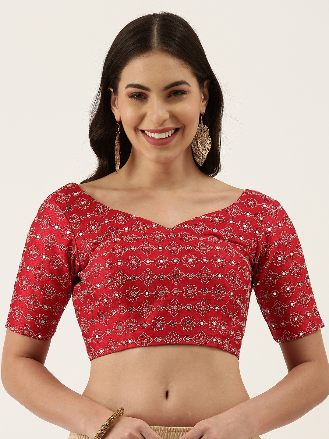 

panchhi Red Embroidered Mirror Work Pure Silk Blouse