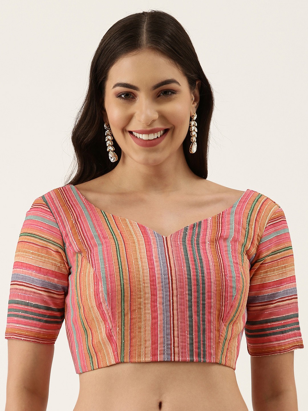 

panchhi Coral Pink Striped Sequin Blouse