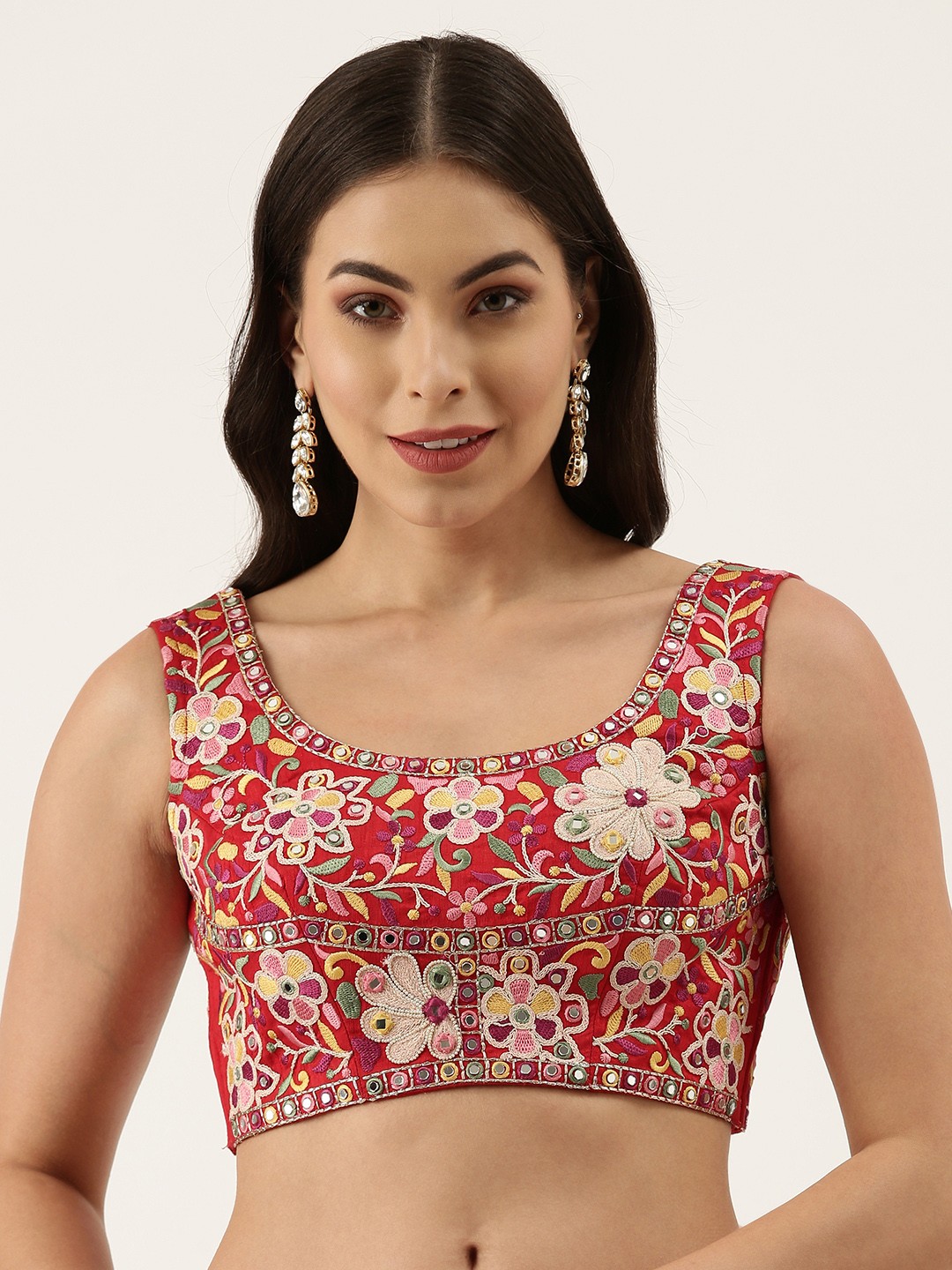 

panchhi Women Red Embroidered Mirror Work Silk Blouse
