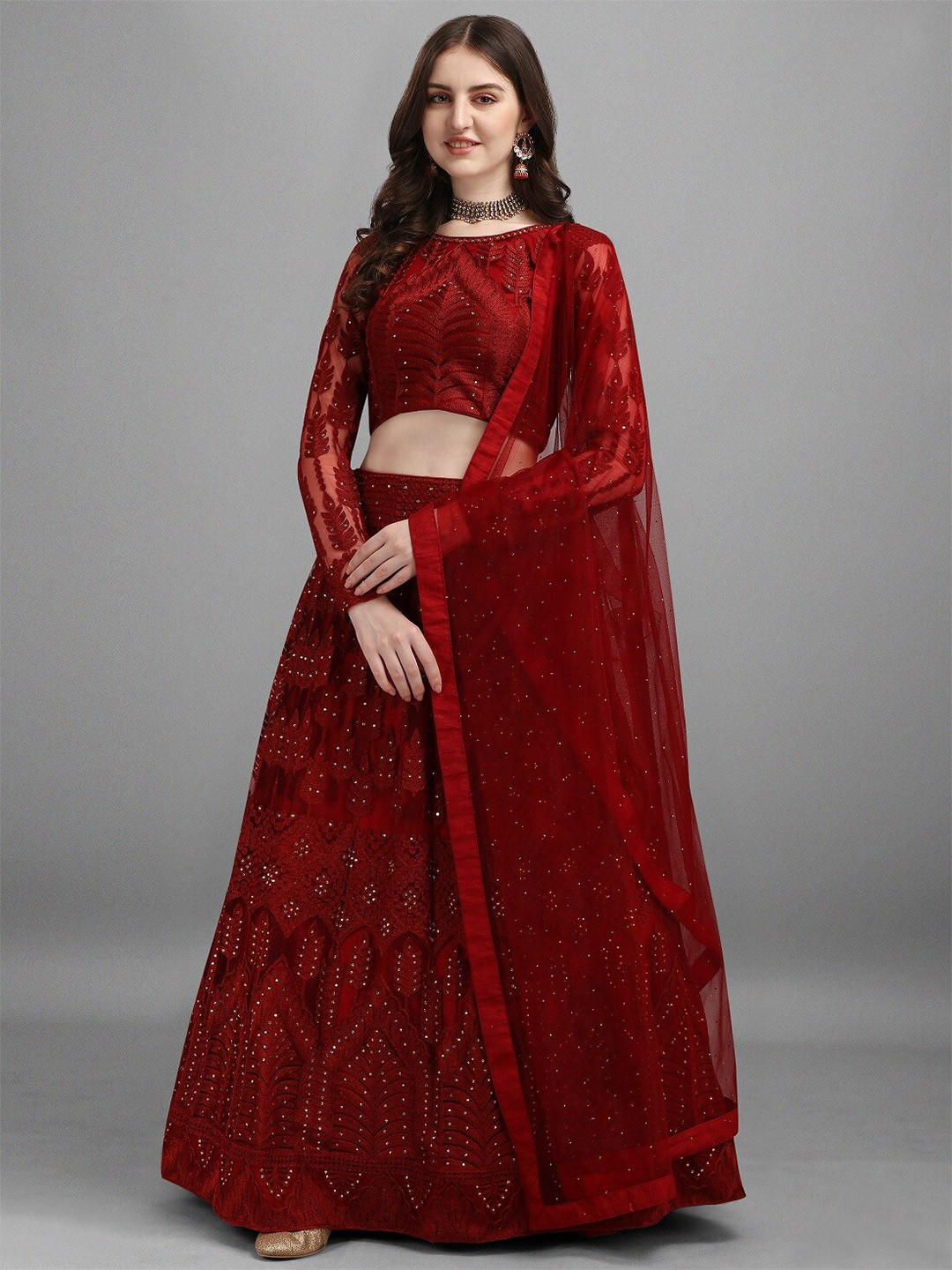 

Fashion Basket Red Embroidered Patchwork Semi-Stitched Lehenga & Unstitched Blouse With Dupatta