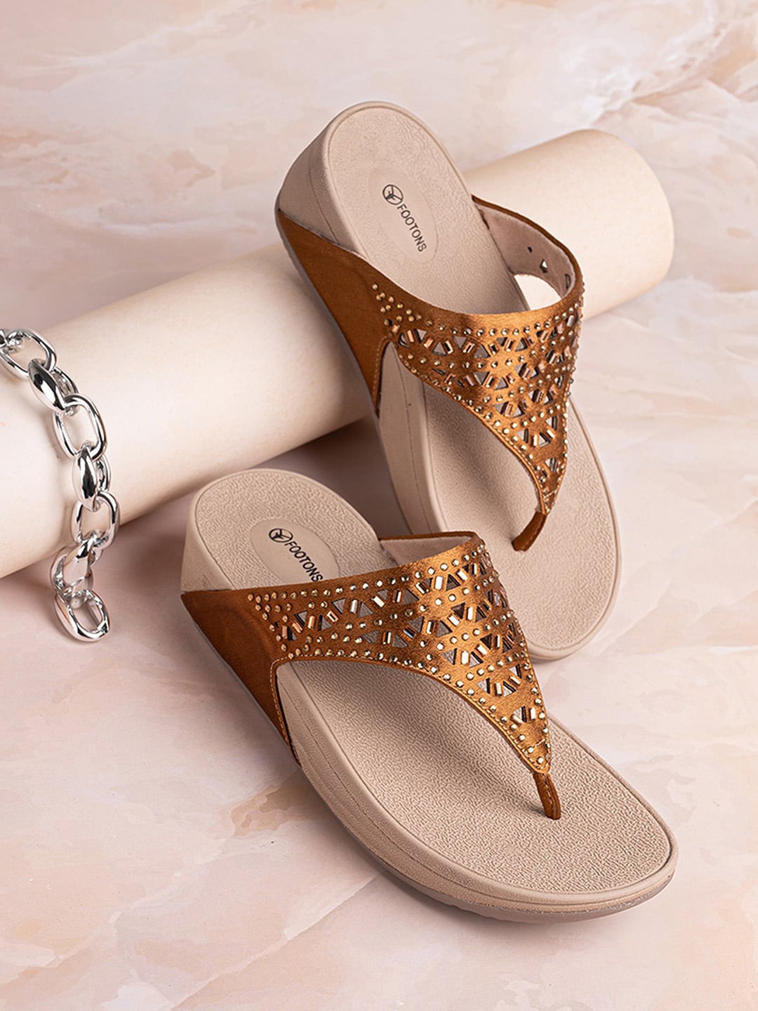 

FOOTONS Copper-Toned Embellished Wedge Pumps