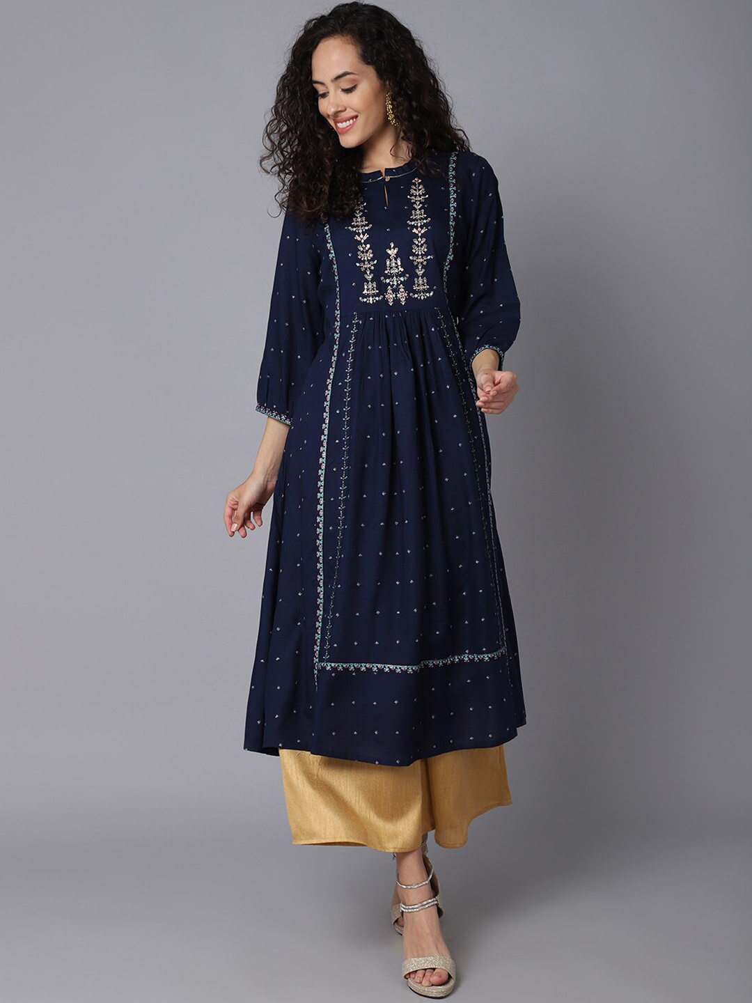 

Cantabil Women Navy Blue Ethnic Motifs Embroidered Keyhole Neck Anarkali Kurta