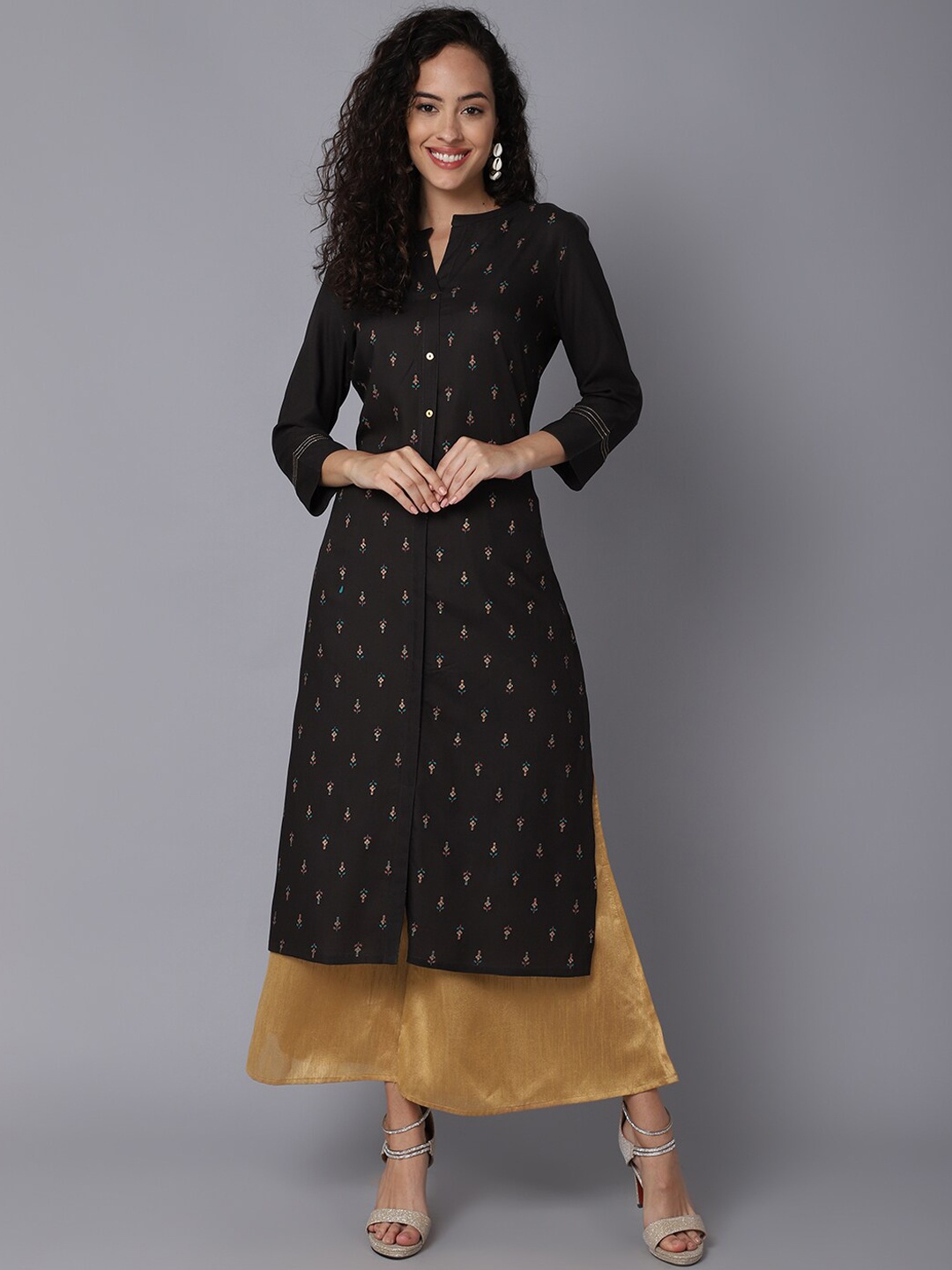 

Cantabil Women Olive Green Geometric Embroidered Flared Sleeves Thread Work Kurta