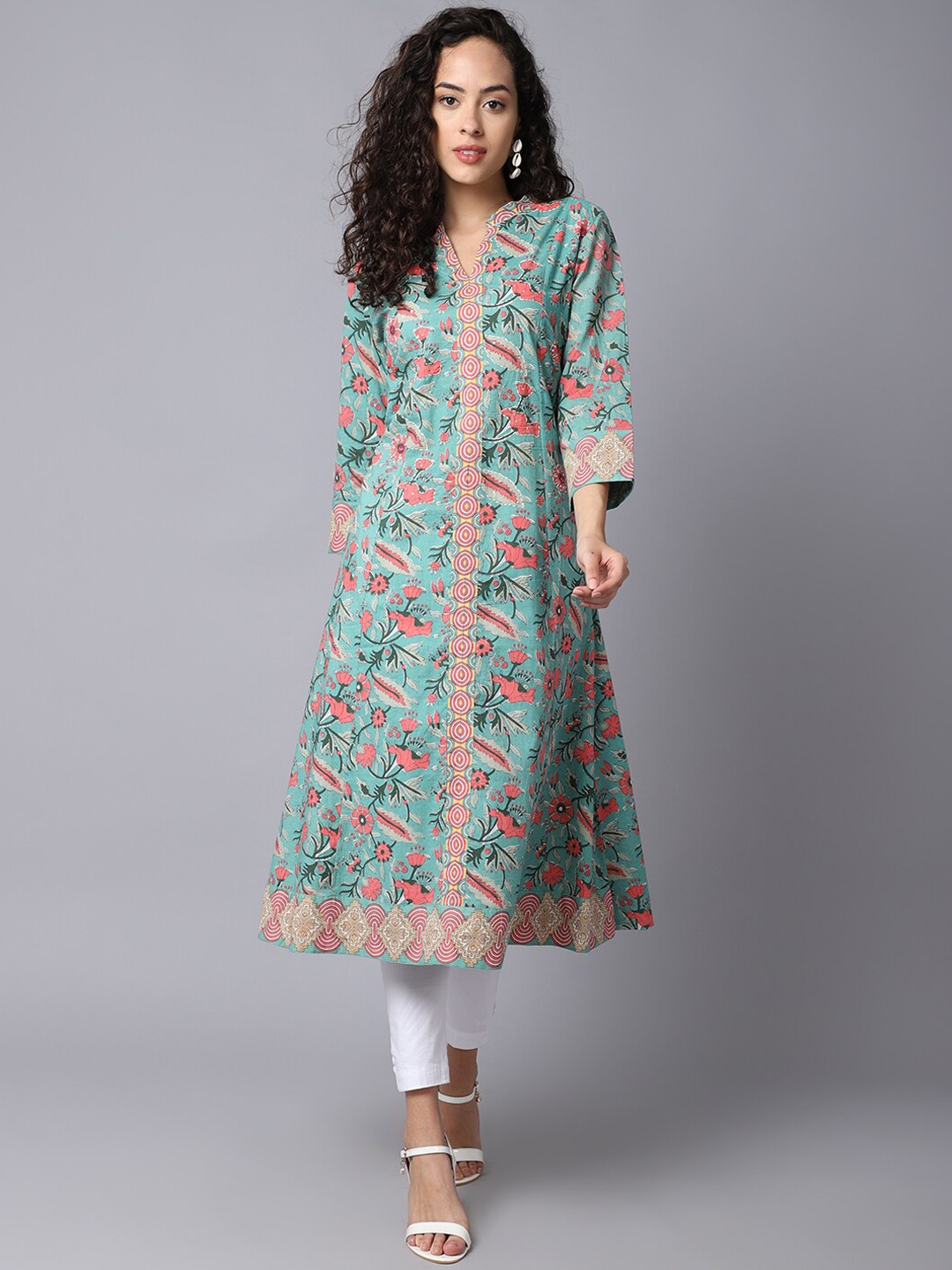 

Cantabil Women Green Floral Printed Thread Work Anarkali Kurta