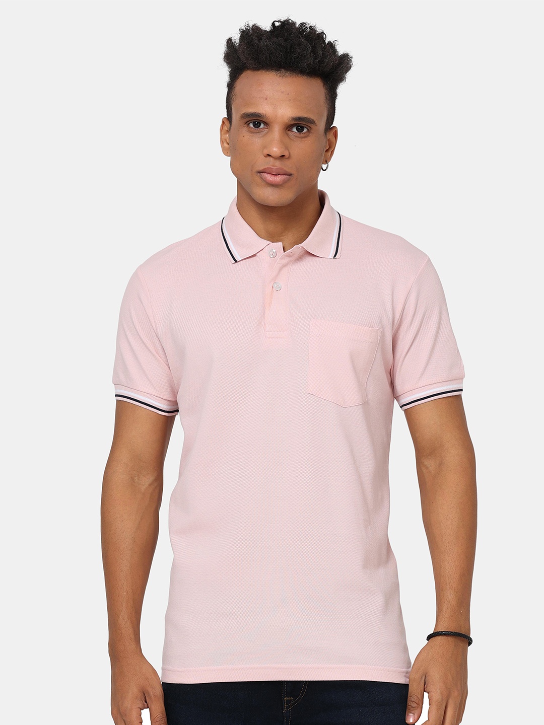 

Masculino Latino Plus Men Pink Polo Collar Bio Finish T-shirt