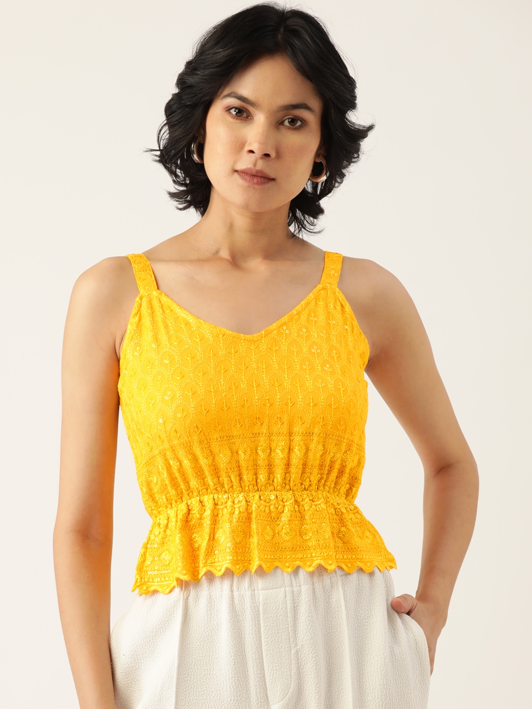 

BRINNS Yellow Embroidered Sequin Detail Cinched Waist Crop Top