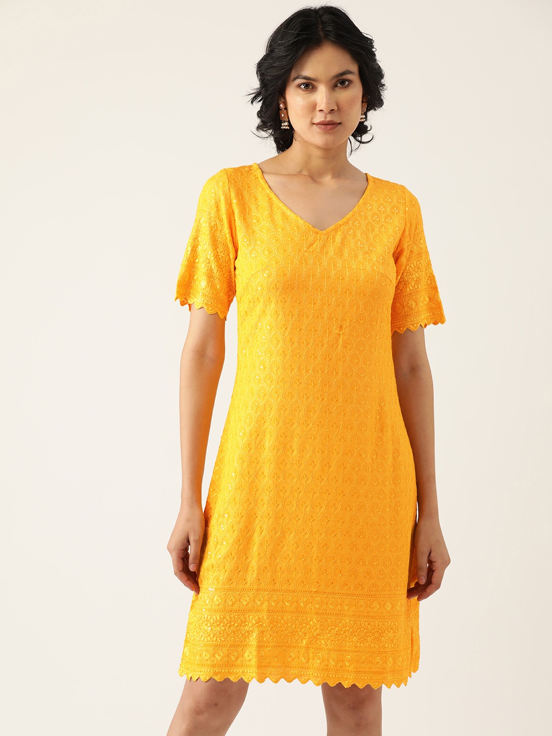 

BRINNS Yellow Ethnic Motifs Embroidered Sequin Detail A-Line Dress