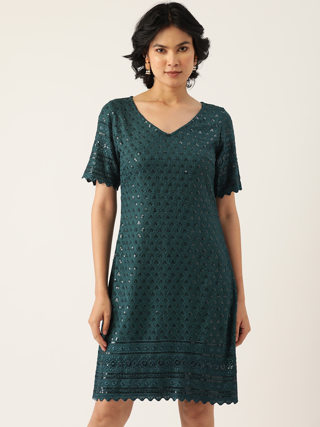 

BRINNS Teal Green Ethnic Motifs Embroidered Sequin Ethnic Sheath Dress