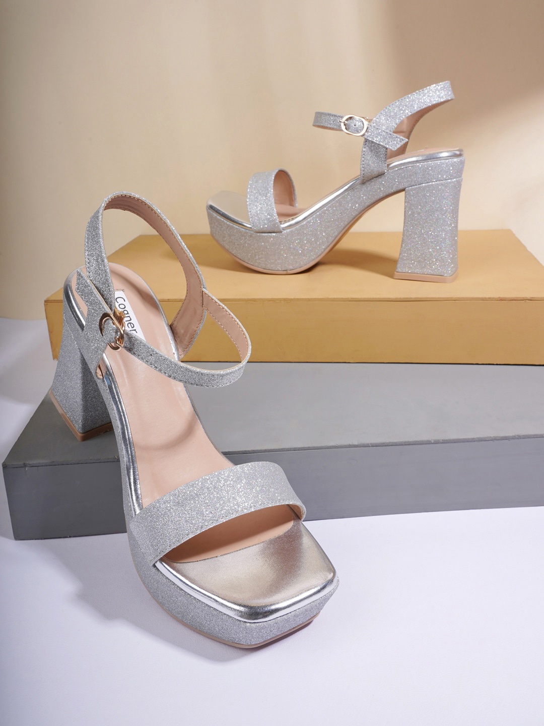 

Cogner Silver-Toned Colourblocked Party Block Sandals