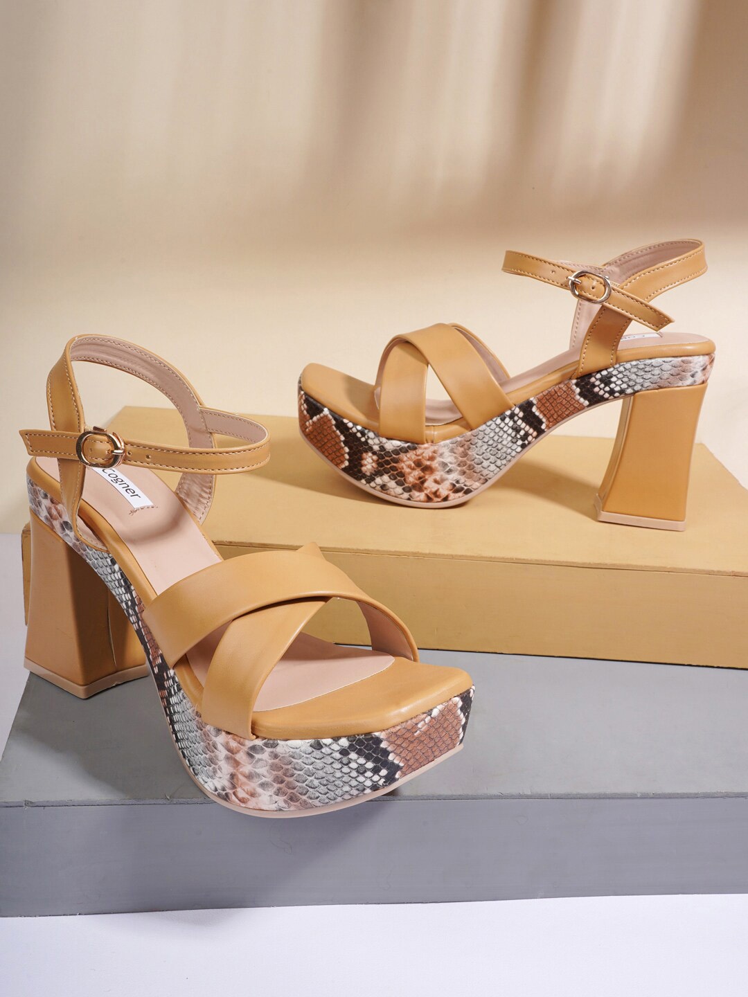 

Cogner Tan Printed Party Block Pumps