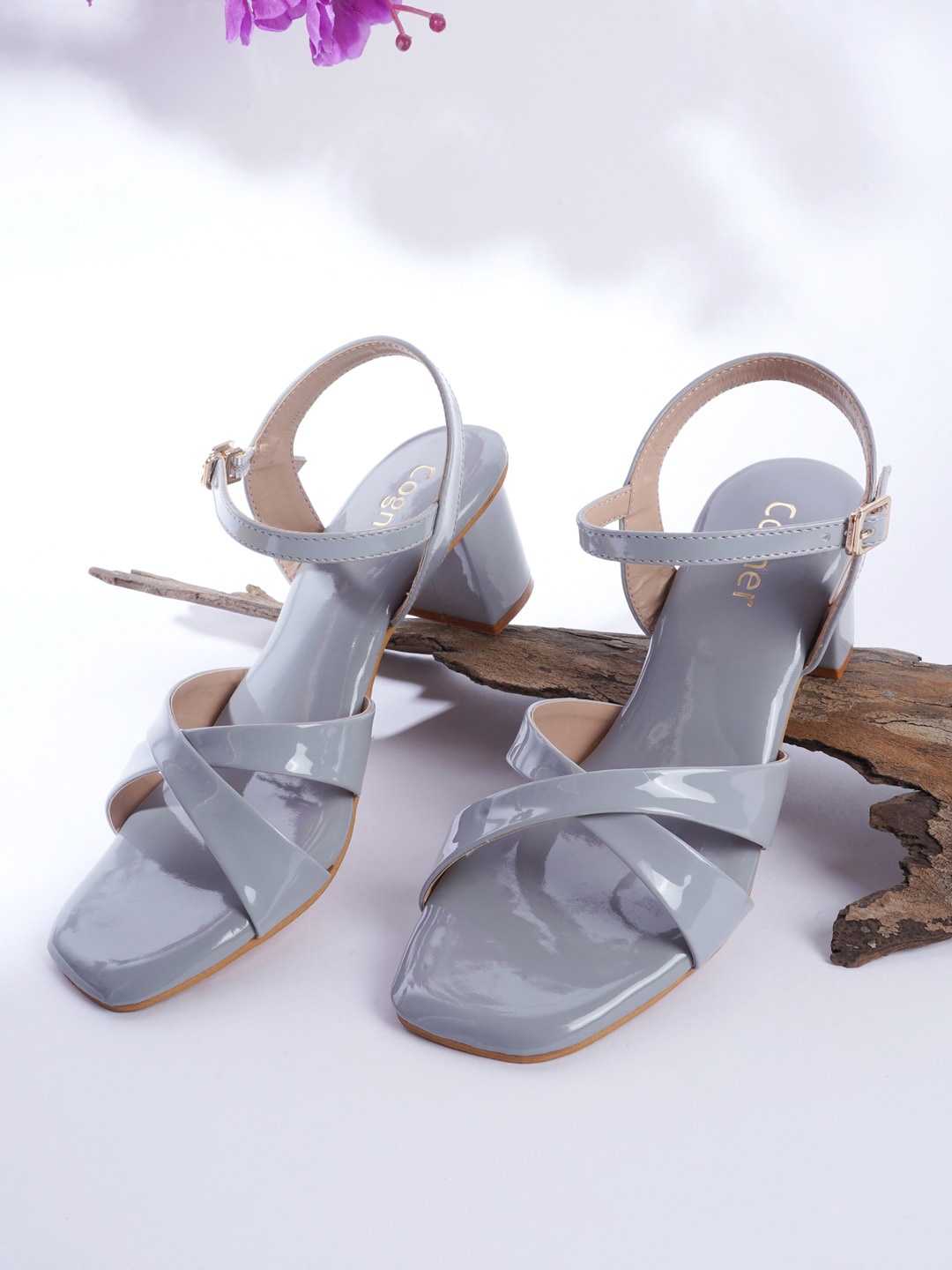 

Cogner Grey Embellished Party Block Sandals with Buckles