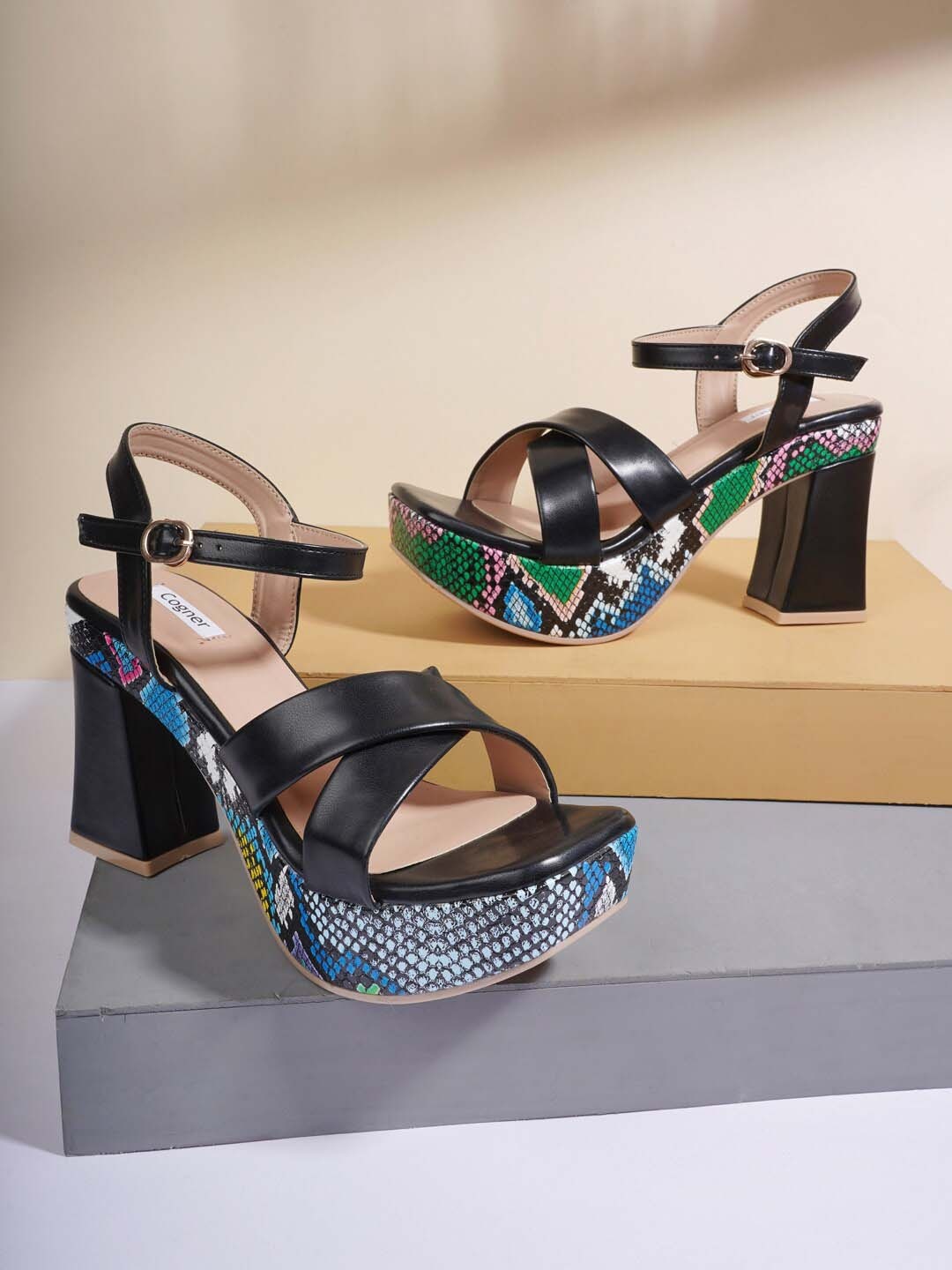 

Cogner Black Printed Party Block Sandals