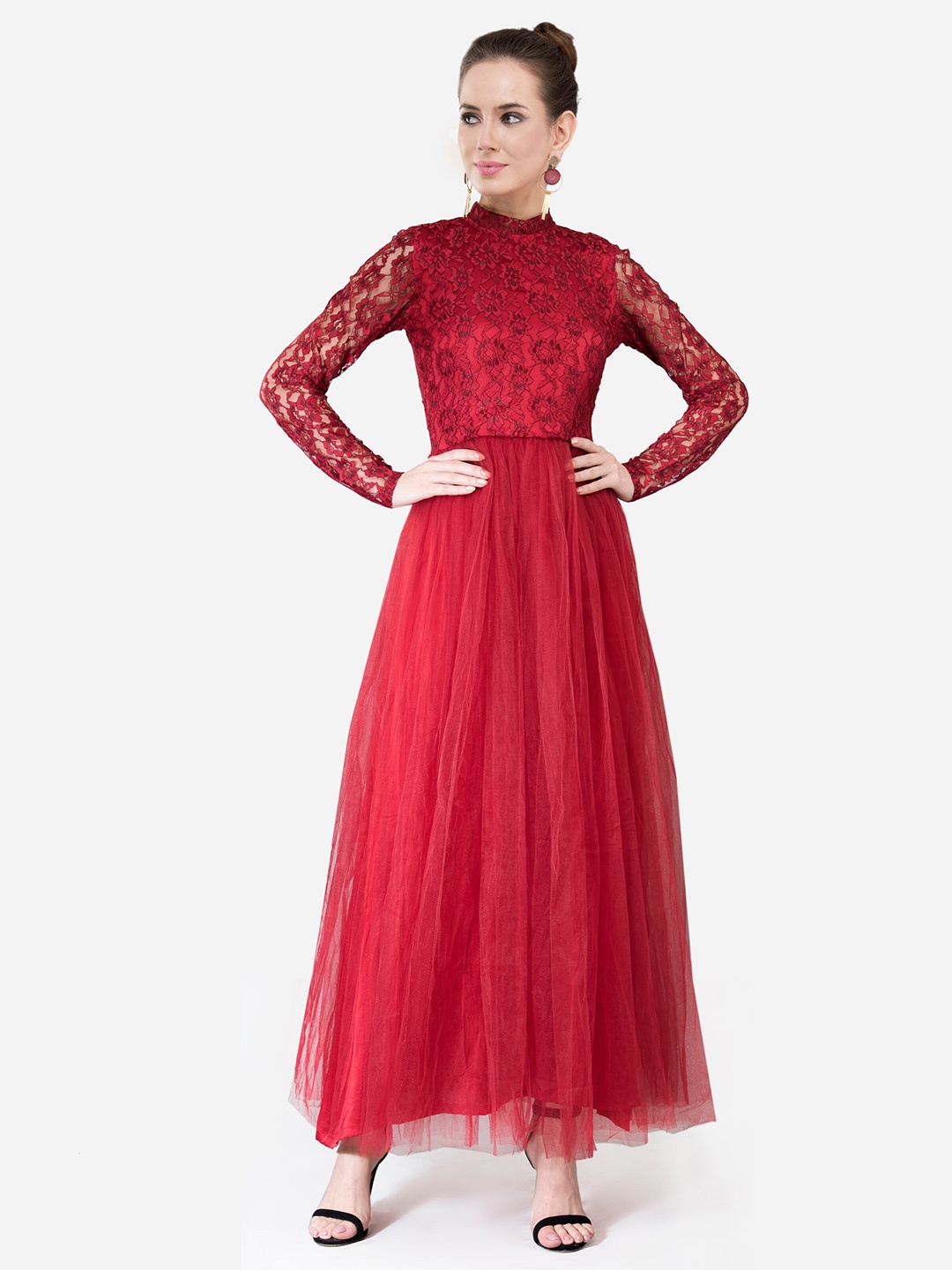 

V&M Maroon & bright maroon Net Maxi Dress