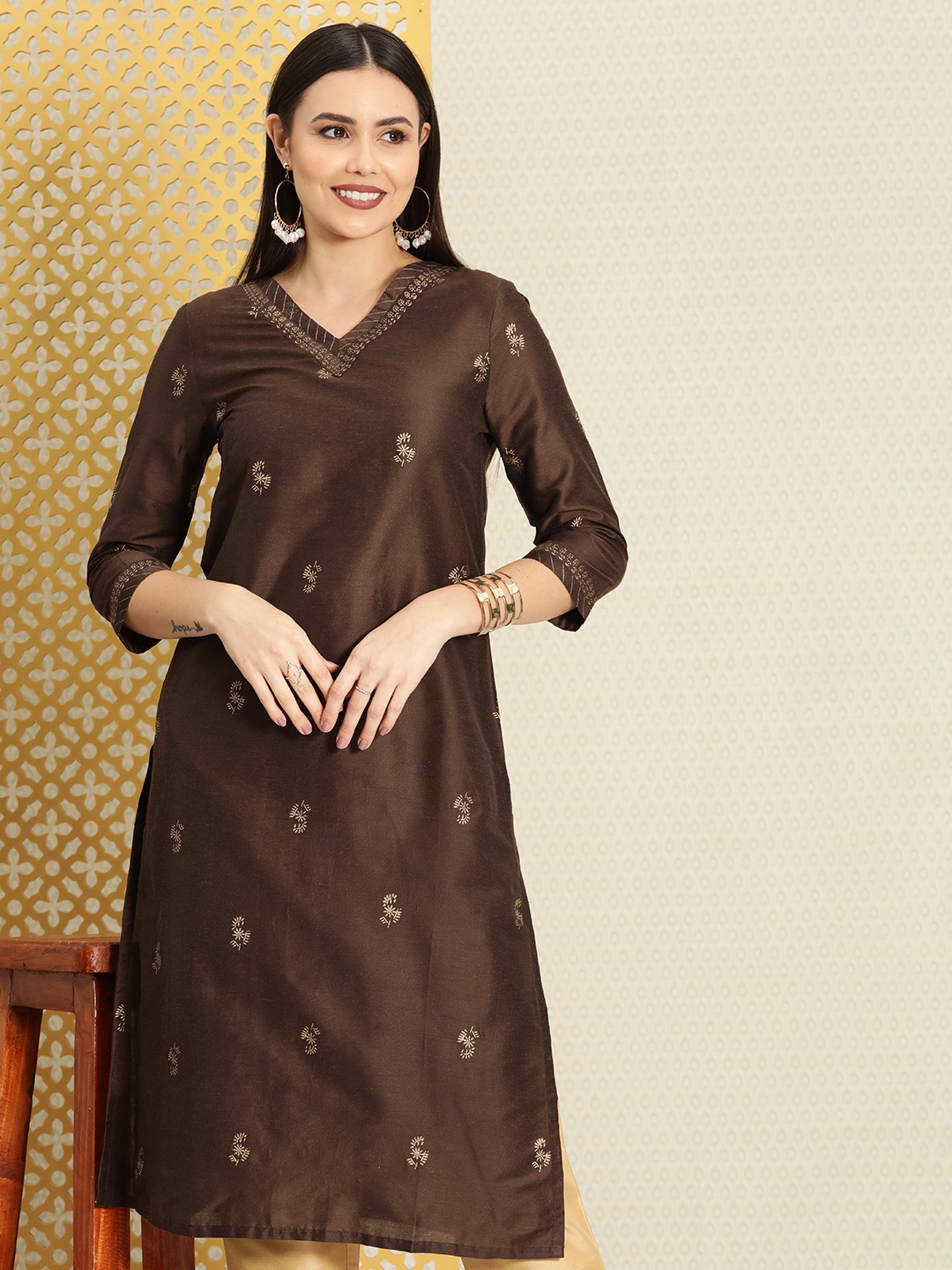 

House of Pataudi Women Brown & Gold-Toned Ethnic Motifs Printed Kurta