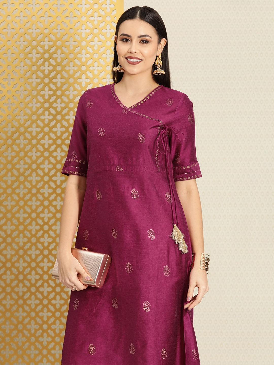 

House of Pataudi Women Magenta Woven Design Angrakha Jahsn Kurta