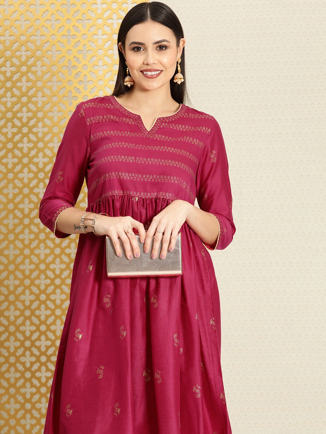 

House of Pataudi Women Fuchsia Pink Ethnic Motifs Woven Design Anarkali Jashn Kurta
