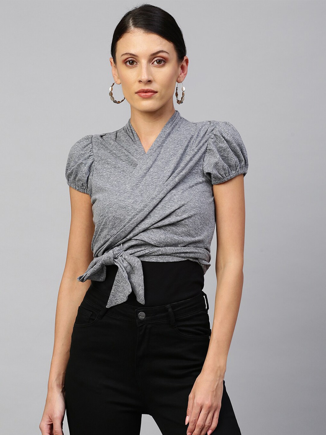 

Chemistry Women Grey Melange Puff Sleeve Wrap Shrug