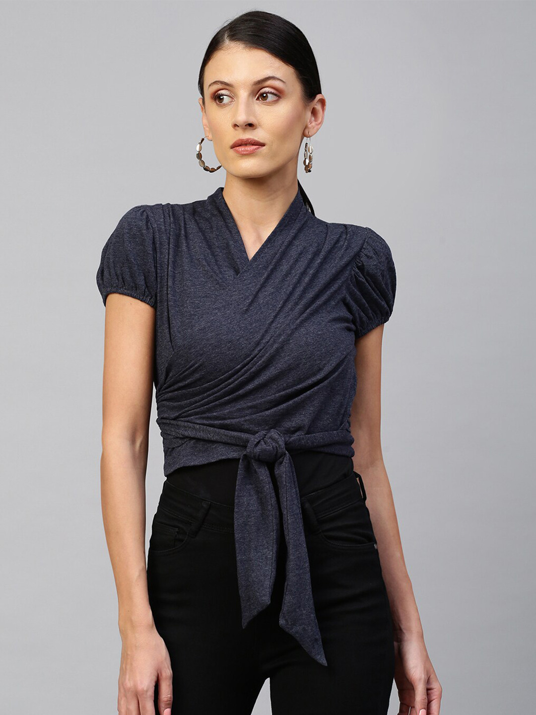 

Chemistry Women Navy Blue Puff Sleeve Wrap Shrug