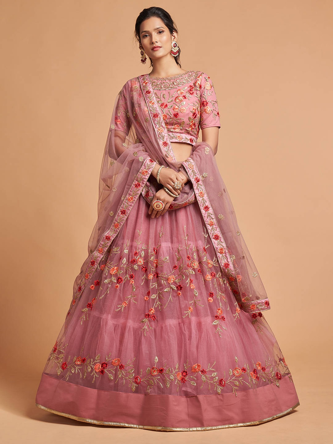 

FABPIXEL Pink & Orange Embroidered Kalamkari Semi-Stitched Lehenga & Unstitched Blouse With Dupatta