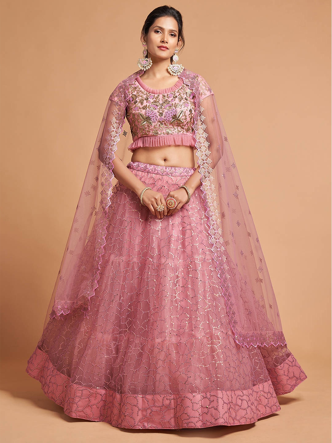 

FABPIXEL Pink & Gold-Toned Embroidered Kalamkari Semi-Stitched Lehenga & Unstitched Blouse With Dupatta