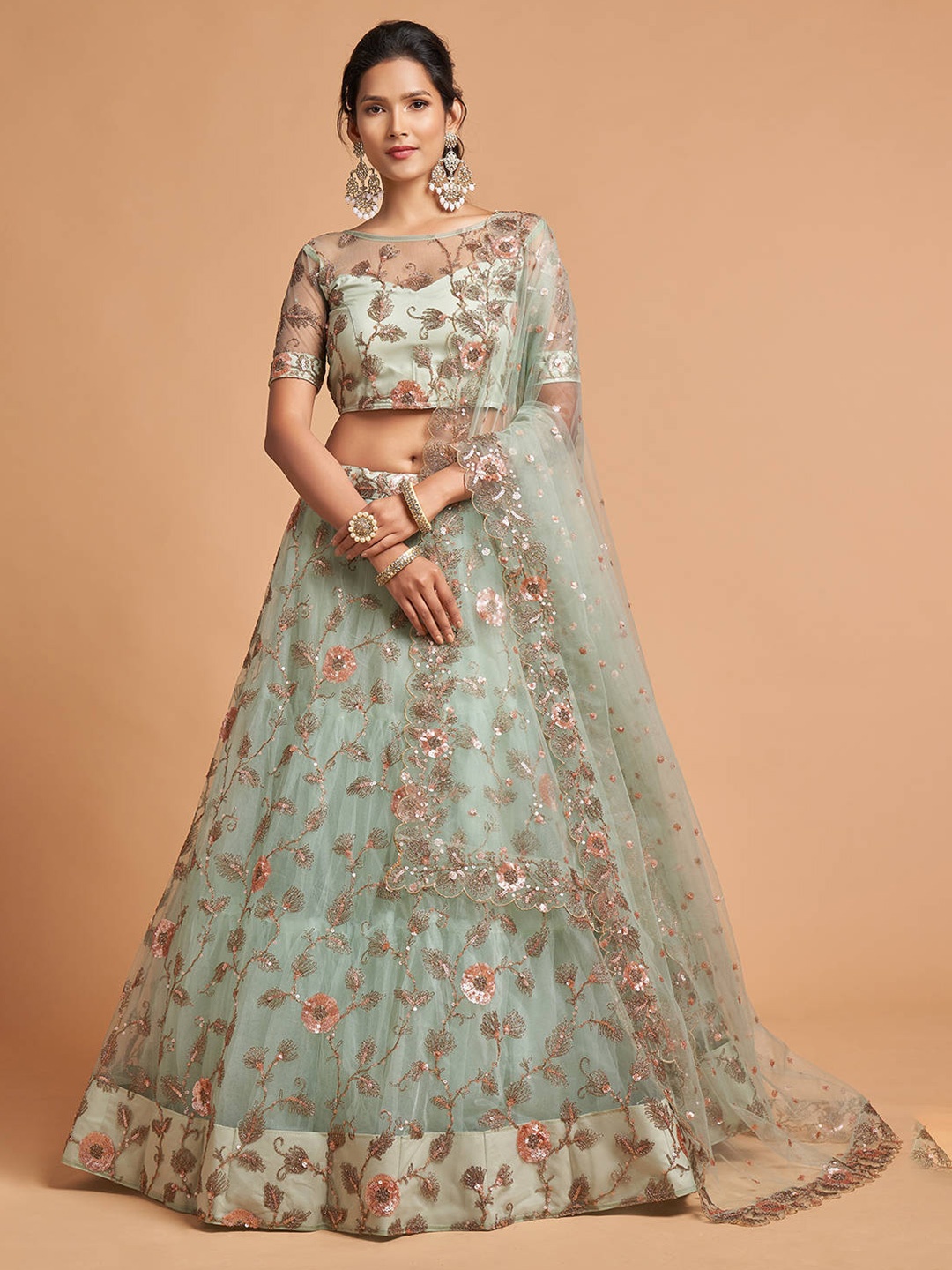 

FABPIXEL Sea Green & Peach-Coloured Embroidered Kalamkari Semi-Stitched Lehenga & Unstitched Blouse With