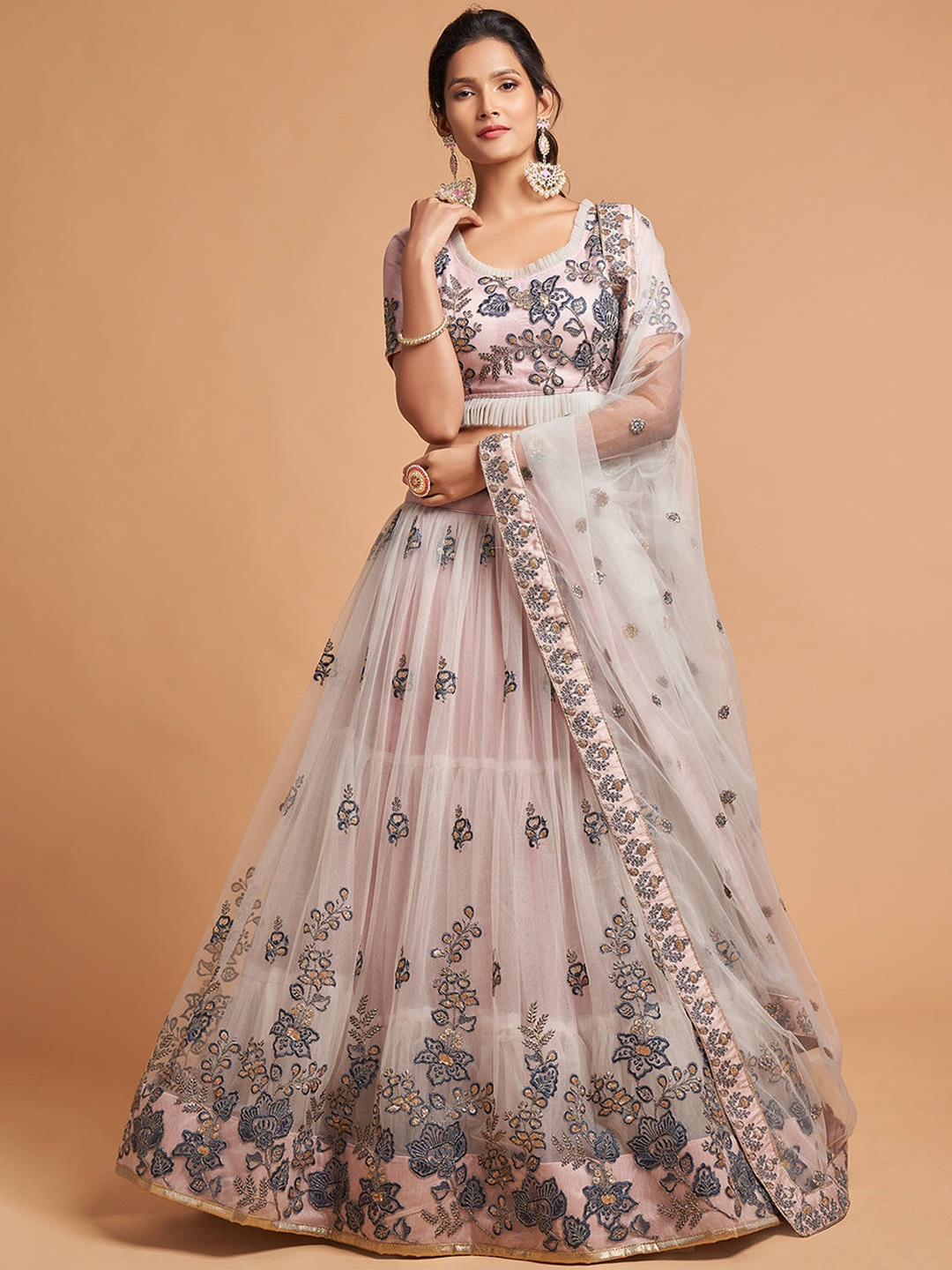 

FABPIXEL Grey Melange & Pink Embroidered Kalamkari Semi-Stitched Lehenga & Unstitched Blouse With Dupatta