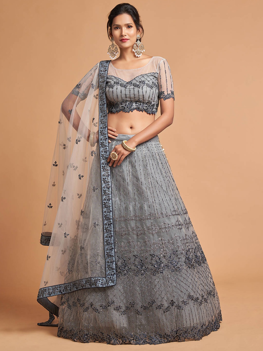 

FABPIXEL Grey Embroidered Kalamkari Semi-Stitched Lehenga & Unstitched Blouse With Dupatta