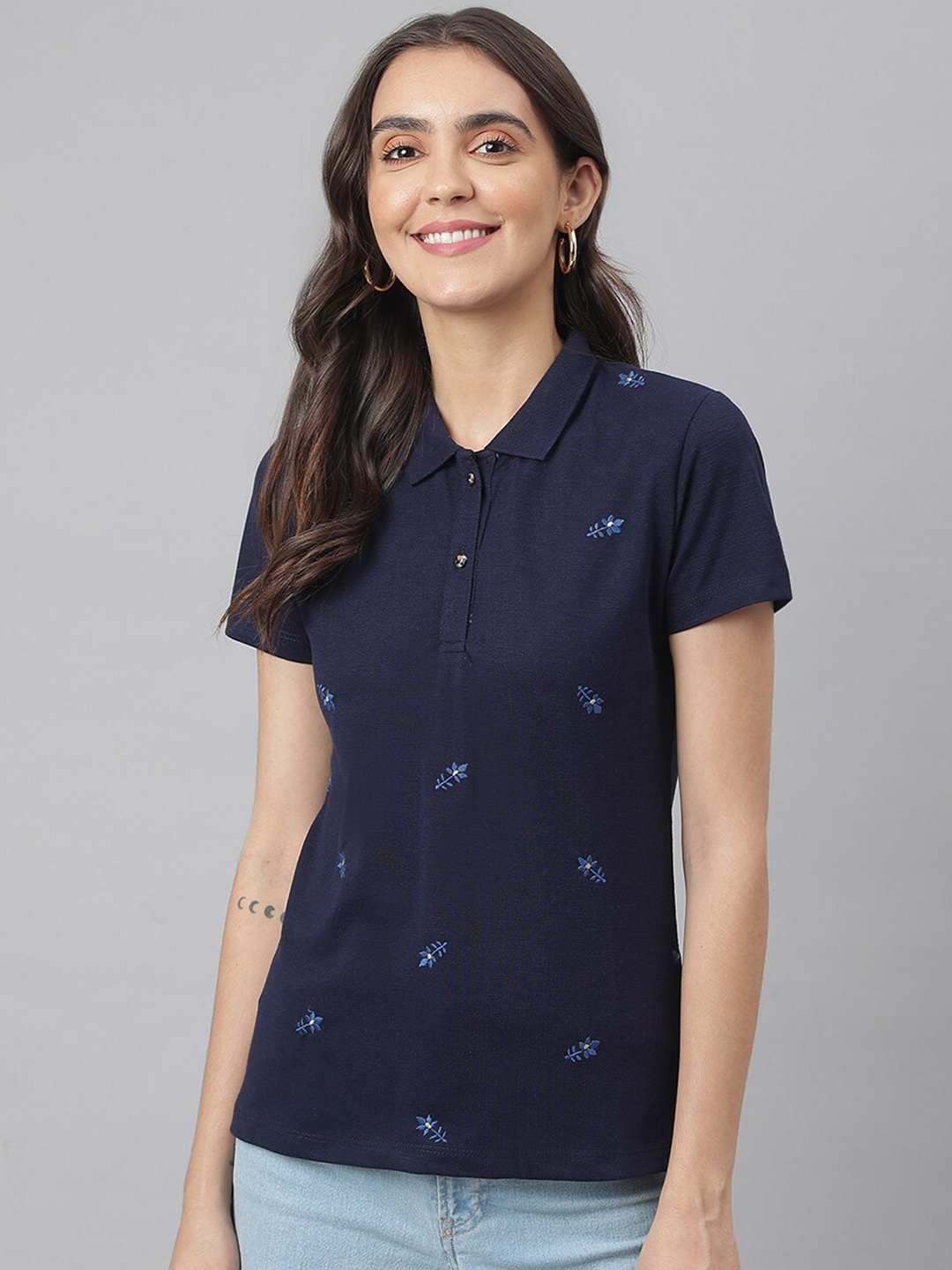 

Miss Grace Women Navy Blue Polo Collar T-shirt