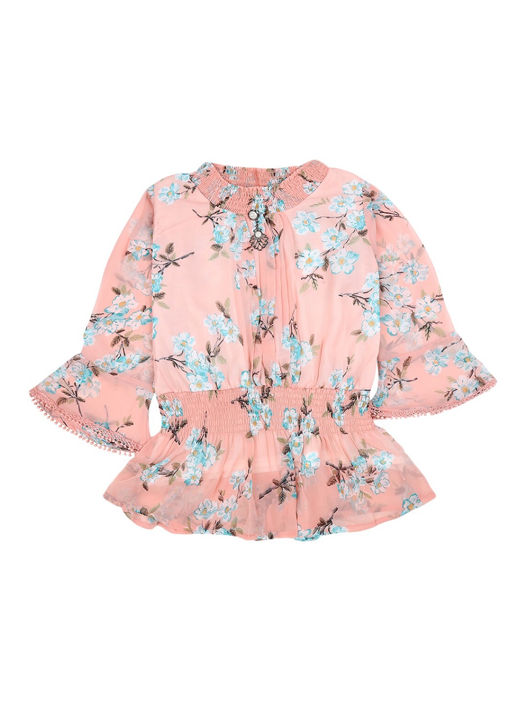 

V-Mart Peach-Coloured Floral Print Tie-Up Neck Blouson Top