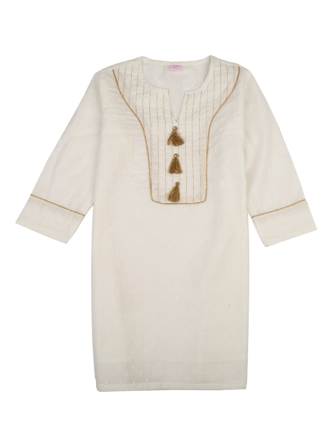 

V-Mart White Solid Cambric Round Neck Tassel Longline Top