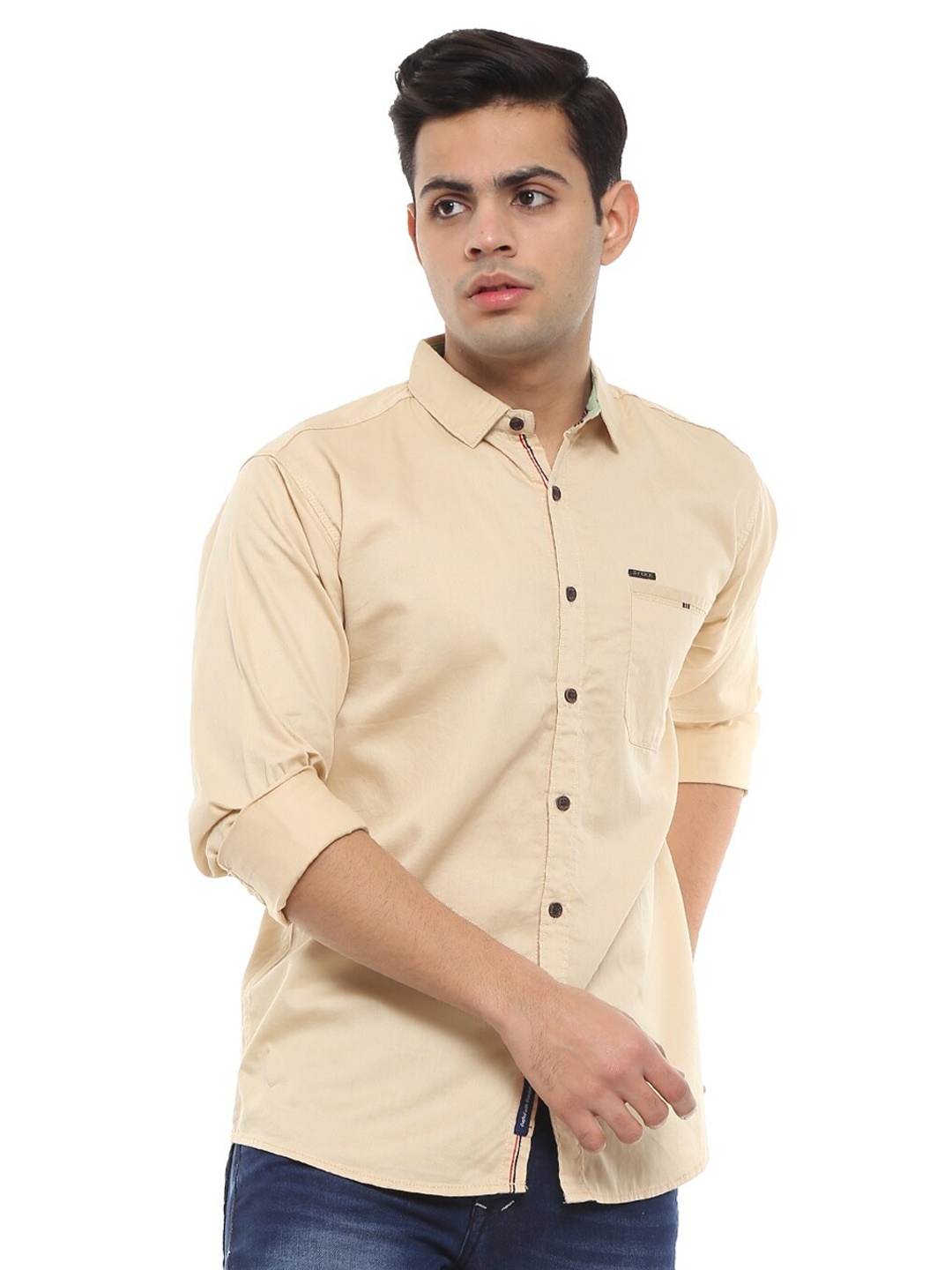

V-Mart Yellow & macadamia Roll-Up Sleeves Shirt Style Top