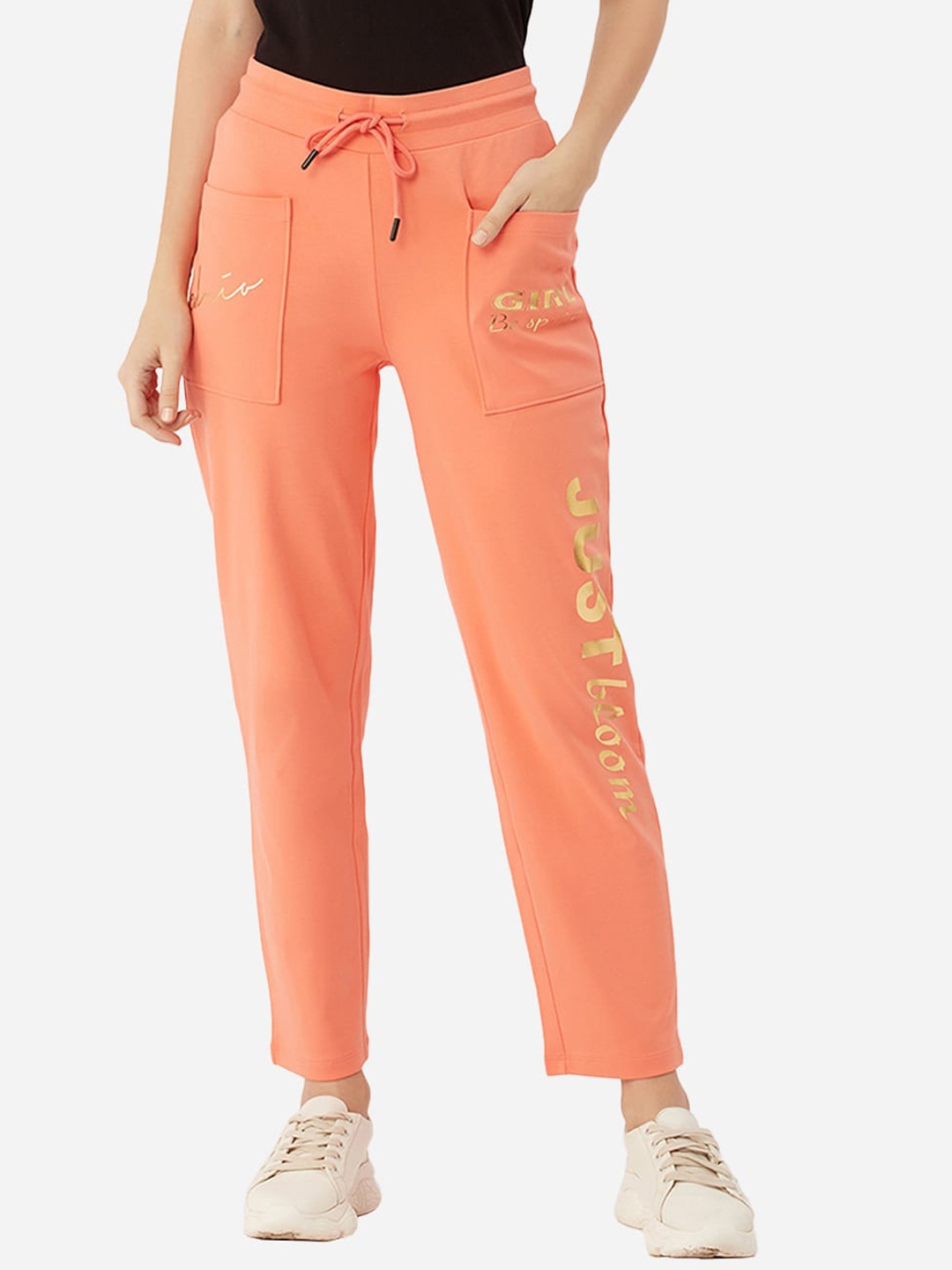 

EDRIO Women Coral-Colored Solid Cotton Track Pants