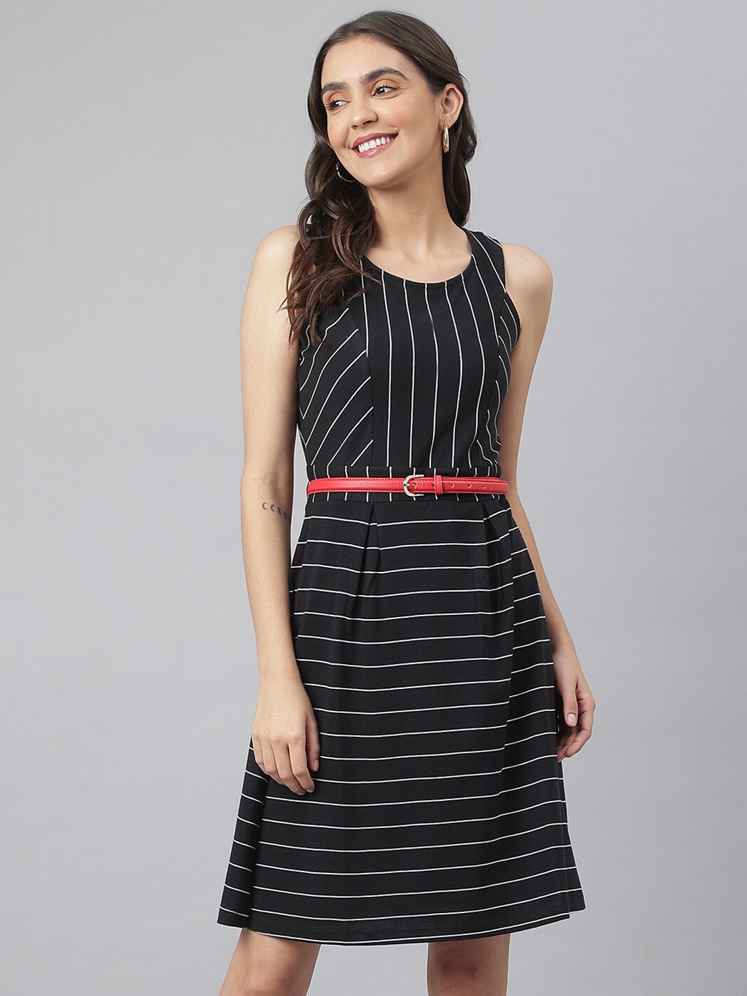 

Miss Grace Black & raisin black Striped A-Line Dress